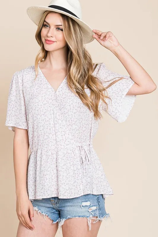 Image of Lime 'N' Chili Ditsy Print V-Neck Short Sleeve Wrap Blouse | Queeble.shop
