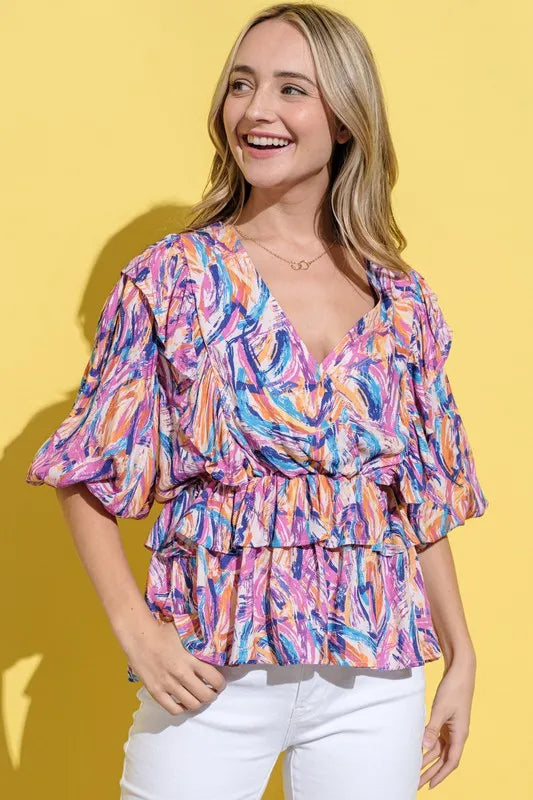 Image of And The Why Printed Lantern Sleeve Blouse | Queeble.shop