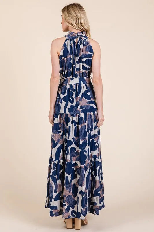 Image of Lime 'N' Chili Abstract Halter Neck Tie-Waist Tiered Maxi Dress | Queeble.shop