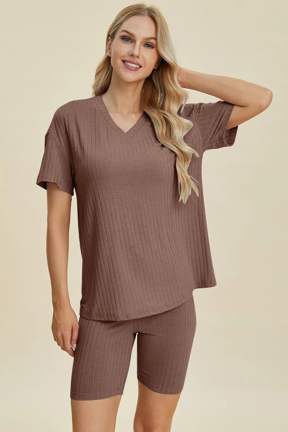 Image of Basic Bae Full Size Ribbed V-Neck Short Sleeve Top and Shorts Set | Queeble.shop