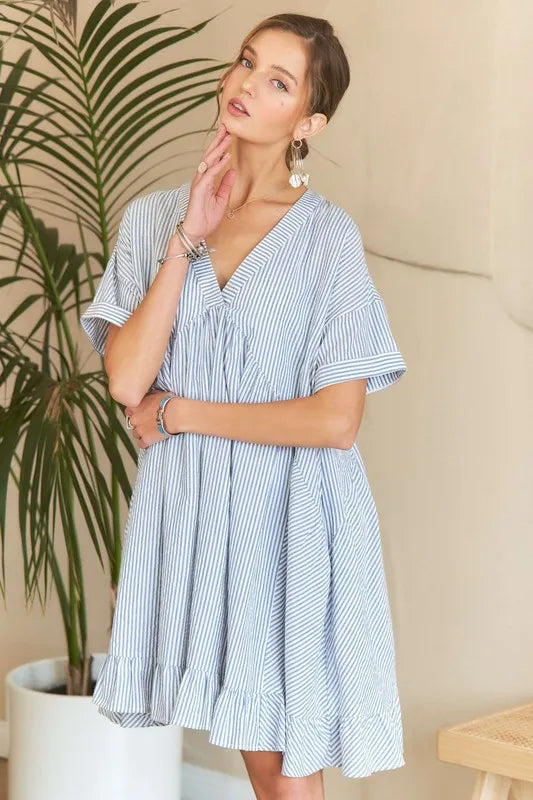 Image of ADORA Ruffled Hem Striped V-Neck Babydoll Dress | Queeble.shop