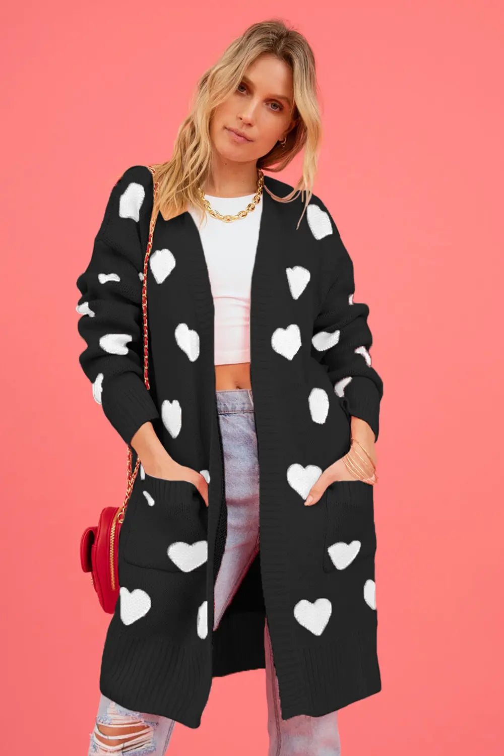 Image of Heart Graphic Open Front Cardigan with Pockets | Queeble.shop