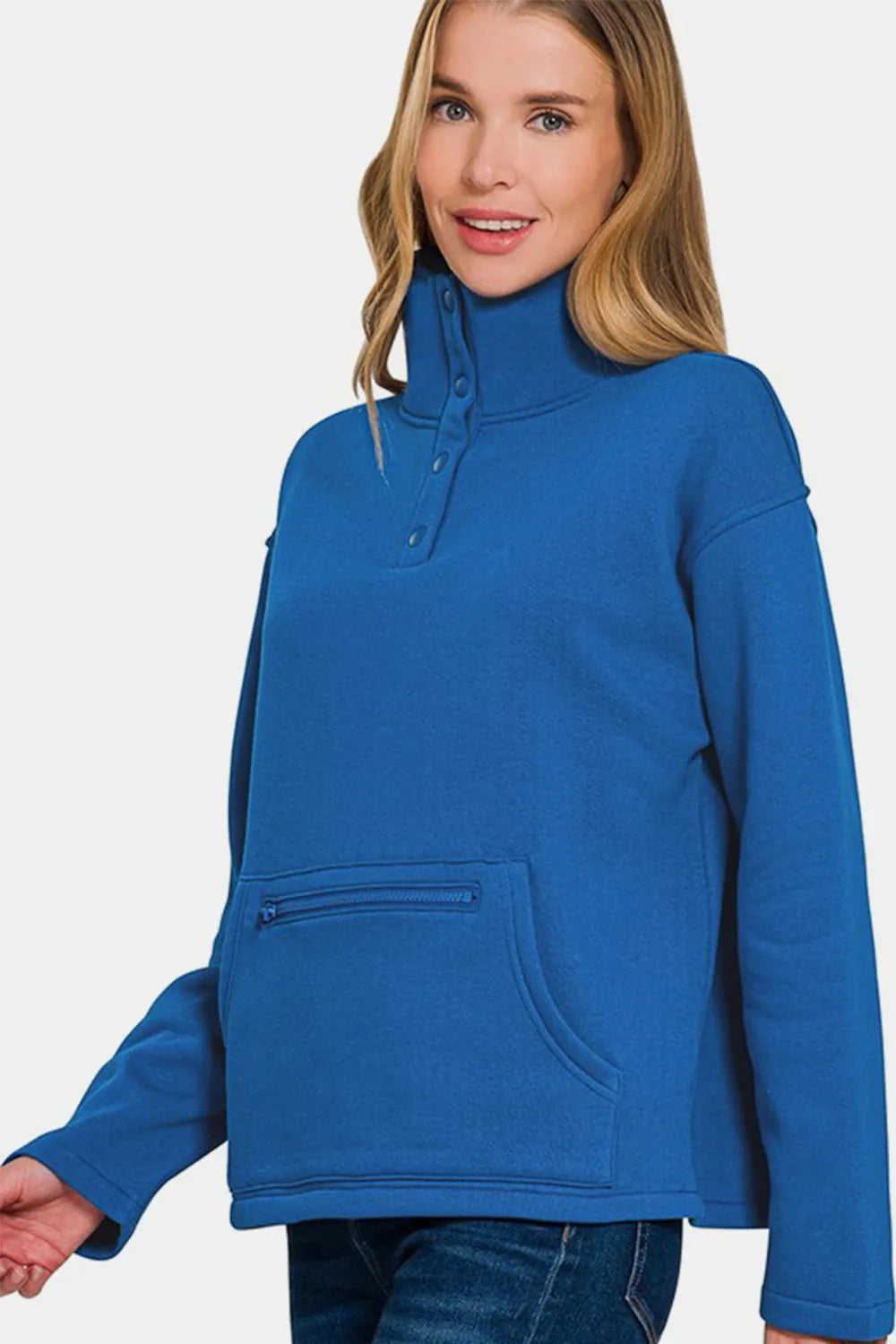 Image of Zenana Turtleneck Half Snap Fleece Sweatshirt | Queeble.shop