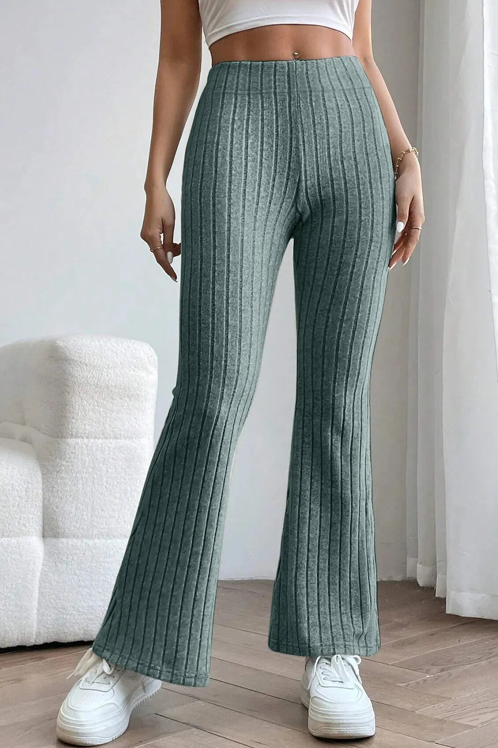 Image of Basic Bae Full Size Ribbed High Waist Flare Pants | Queeble.shop