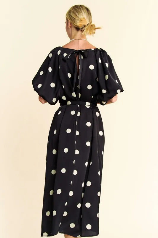 Image of Davi & Dani Polka Dot Puff Sleeves Waist Tie Midi Dress | Queeble.shop