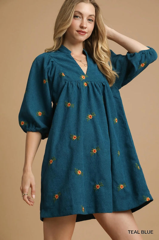 Image of Umgee Corduroy Babydoll Dress with Floral Embroidery | Queeble.shop