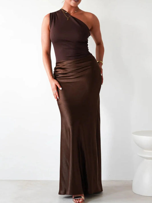 Image of One Shoulder Ruched Bodycon Maxi Dress | Queeble.shop