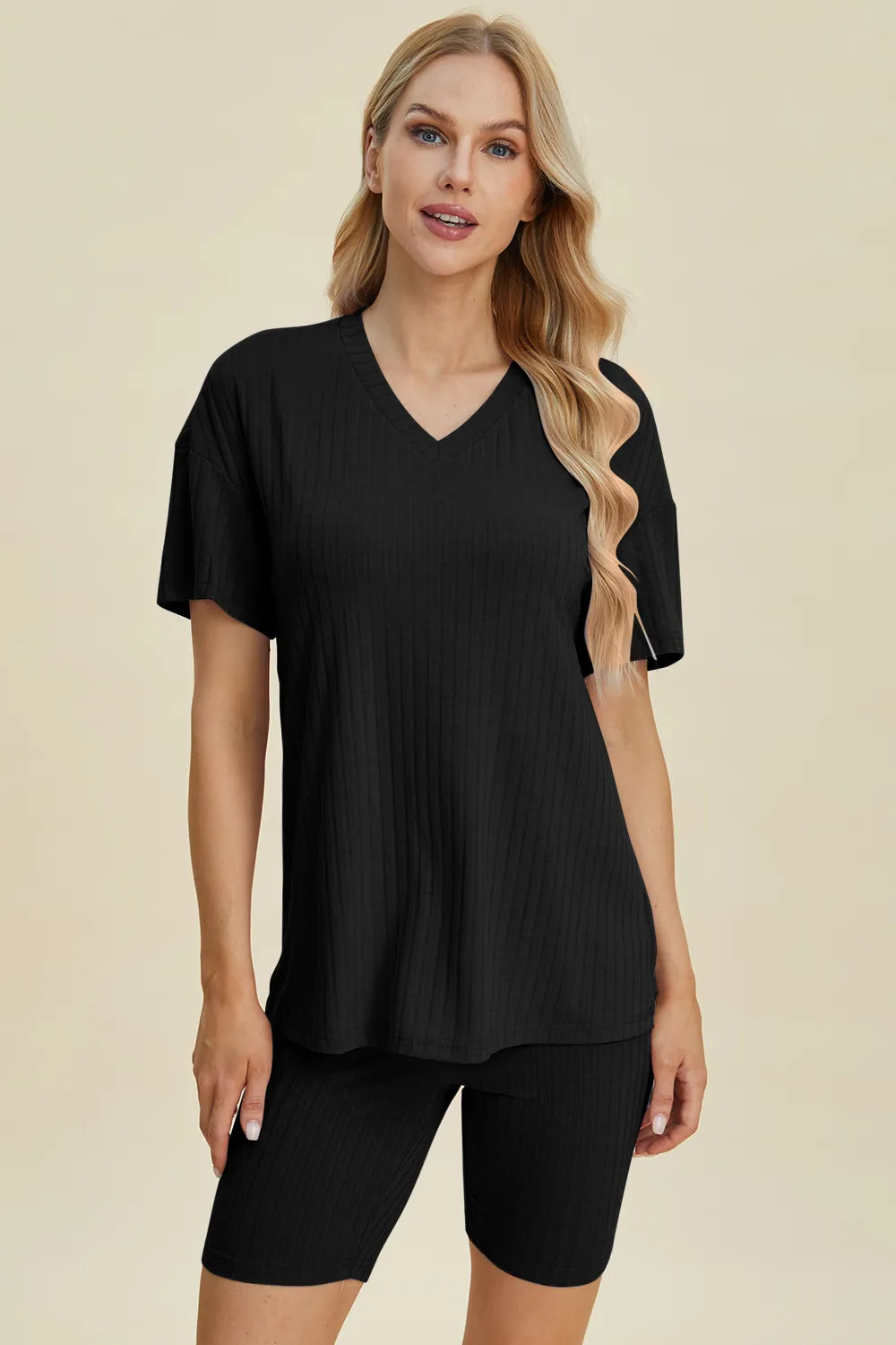Image of Basic Bae Full Size Ribbed V-Neck Short Sleeve Top and Shorts Set | Queeble.shop
