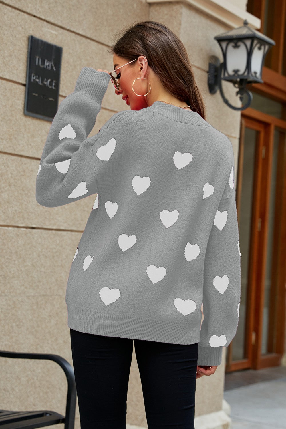 Image of Woven Right Heart Pattern Lantern Sleeve Round Neck Tunic Sweater | Queeble.shop