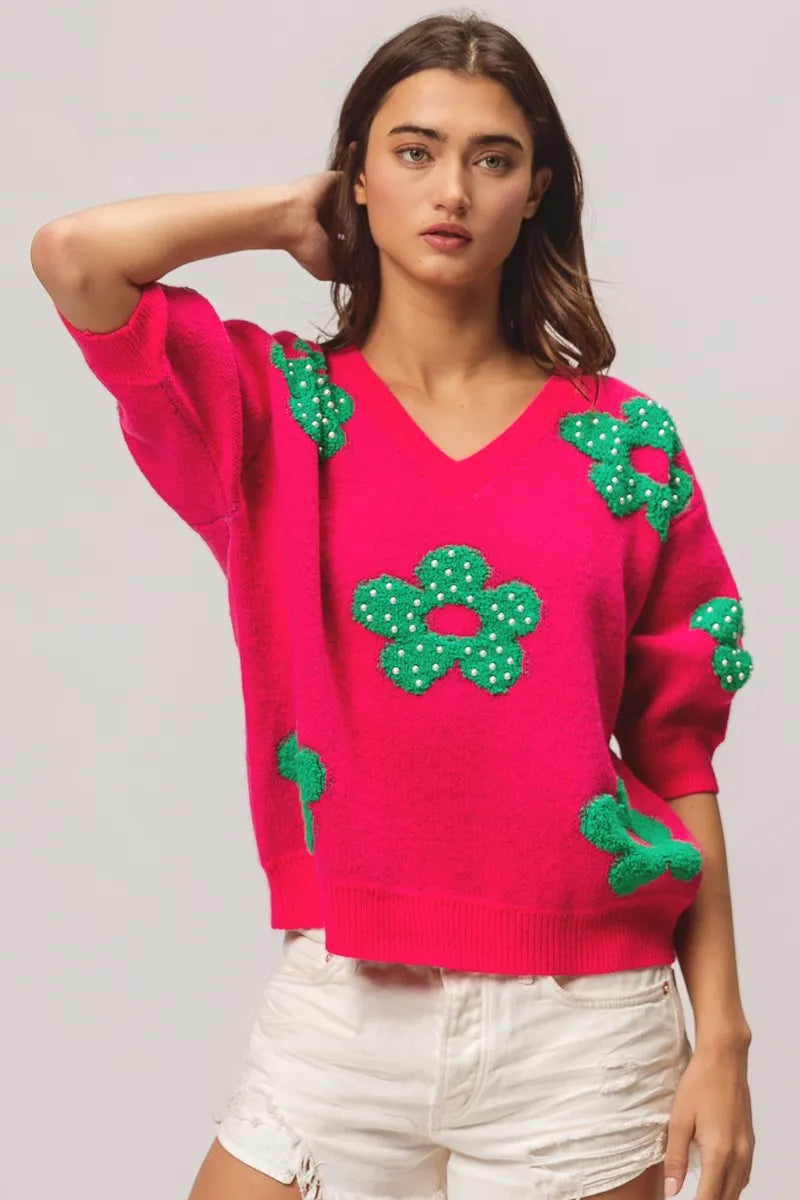 Image of BiBi Pearl Beads Flowers Sweater Top | Queeble.shop