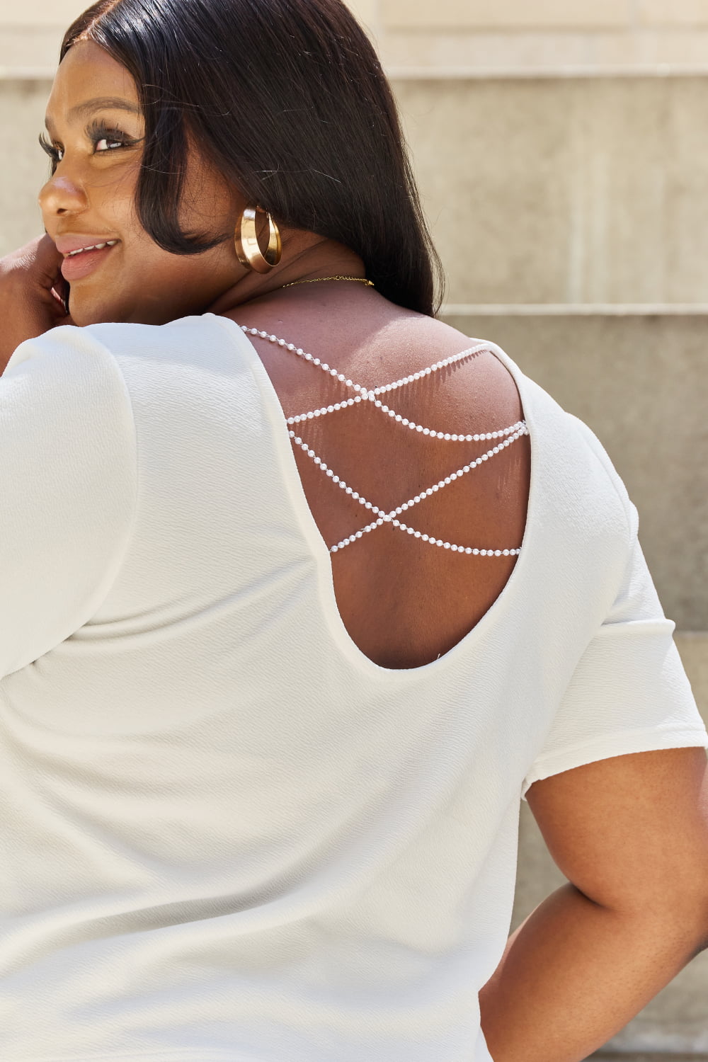 Image of And The Why Pearly White Full Size Criss Cross Pearl Detail Open Back T-Shirt | Queeble.shop