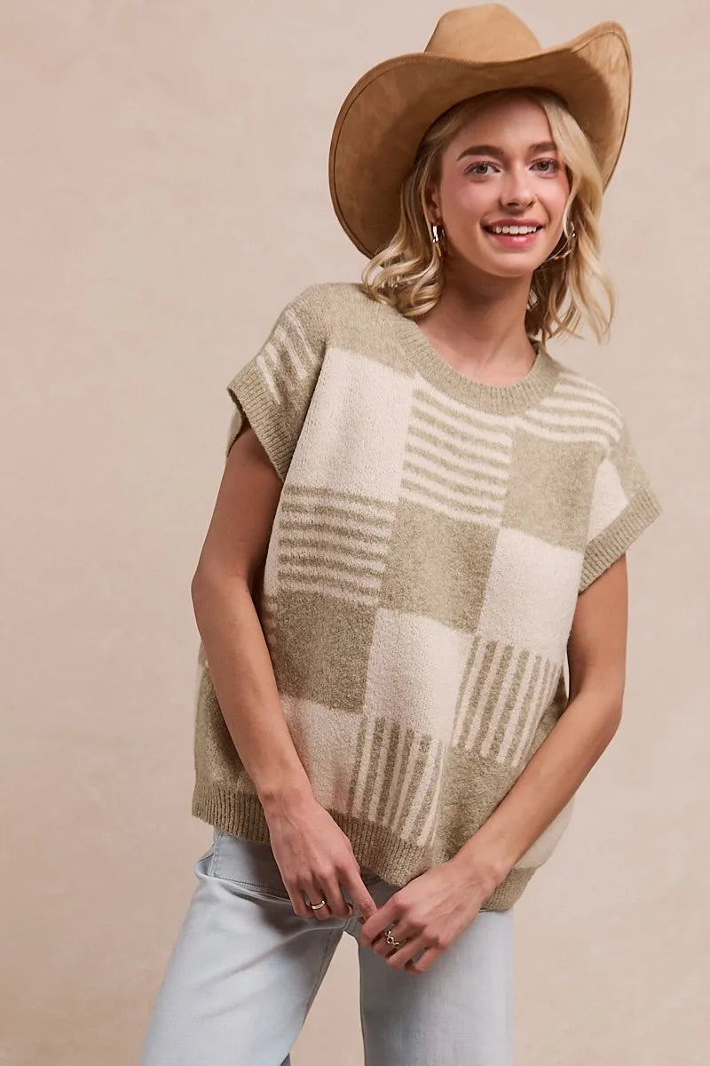 Image of BiBi Checker With Stripes Pattern Sleeveless Sweater | Queeble.shop
