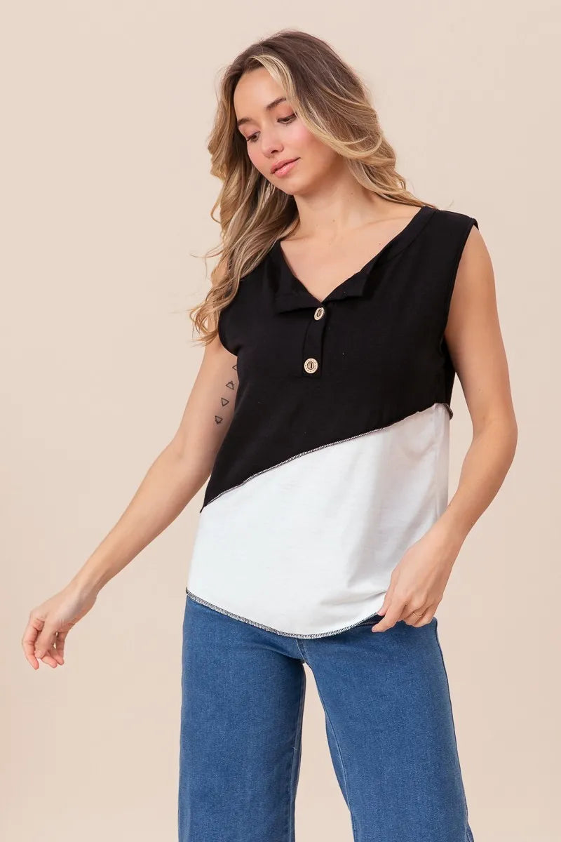 Image of BiBi Color Block Contrast Stitching Buttoned Henley Top | Queeble.shop