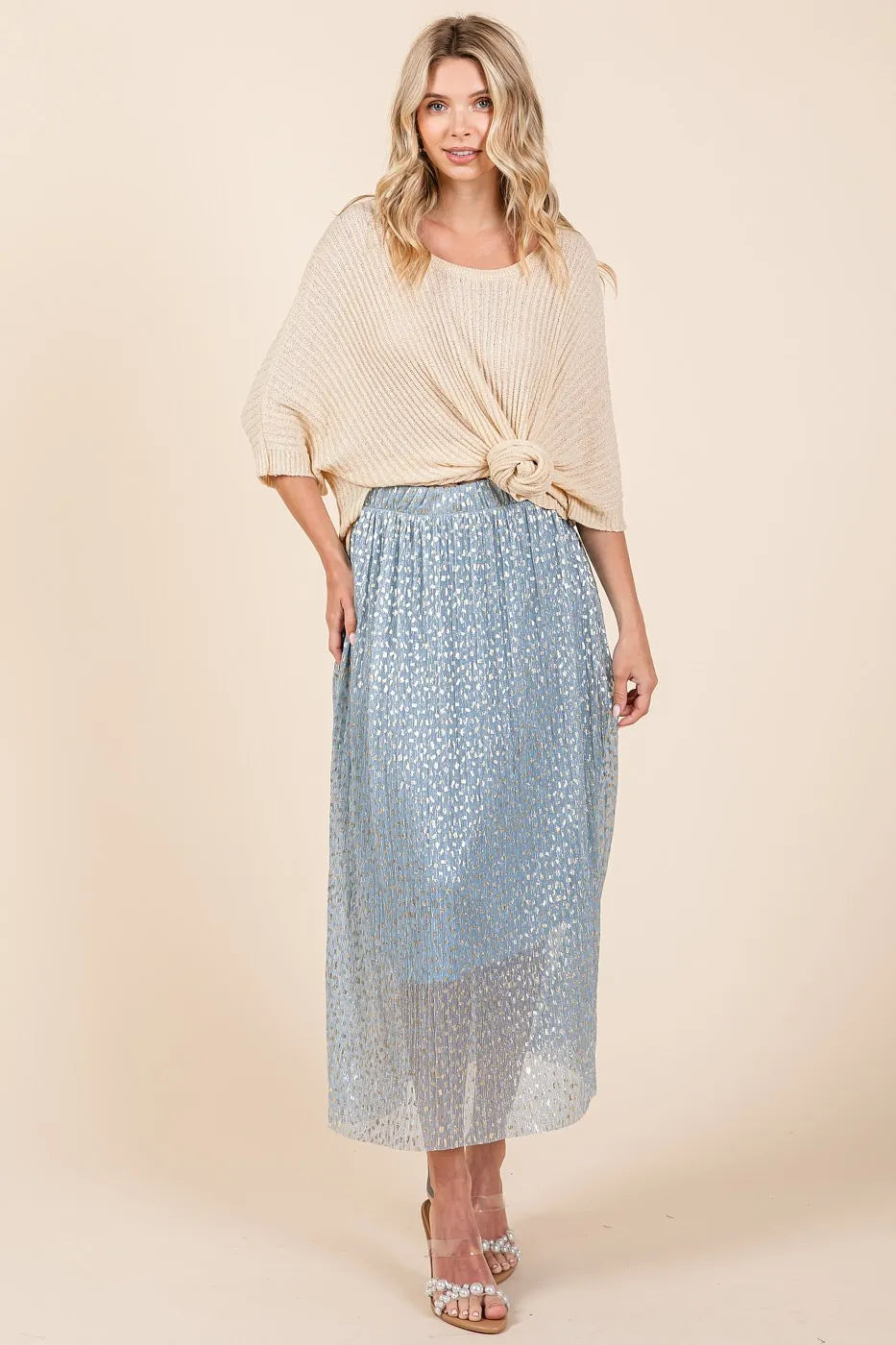 Image of Mittoshop Metallic Glitter Speckle Print Elastic Midi Skirt | Queeble.shop