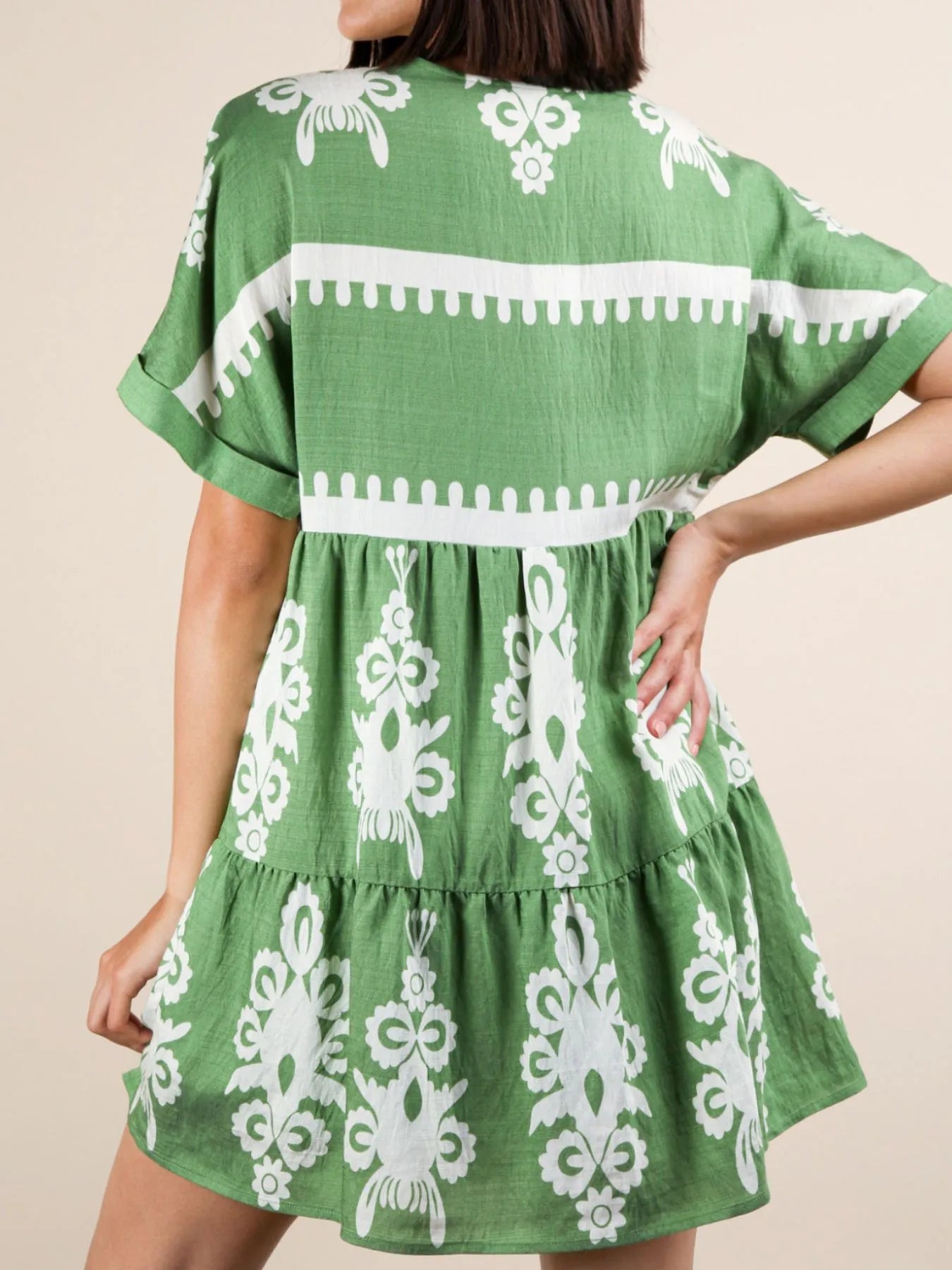 Image of Printed V-Neck Short Sleeve Mini Dress | Queeble.shop