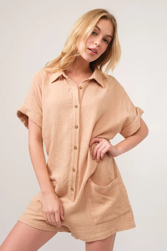 Image of And The Why Washed Gauze Roll-up Sleeve Comfort Utility Romper | Queeble.shop