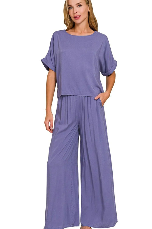 Image of Zenana Round Neck T-Shirt and Wide Leg Pants Set | Queeble.shop