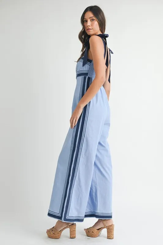 Image of MABLE Linen Mix Chevron Sail Shoulder Strap Jumpsuit | Queeble.shop