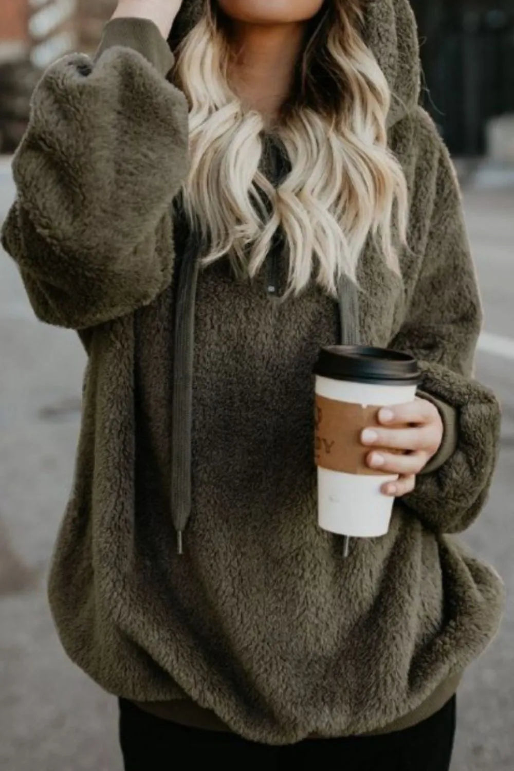Image of Full Size Quarter-Zip Drawstring Teddy Hoodie | Queeble.shop