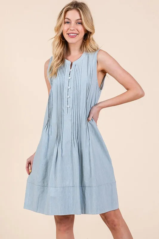 Image of Lime 'N' Chili Denim Pintuck Detail Sleeveless Midi Dress | Queeble.shop