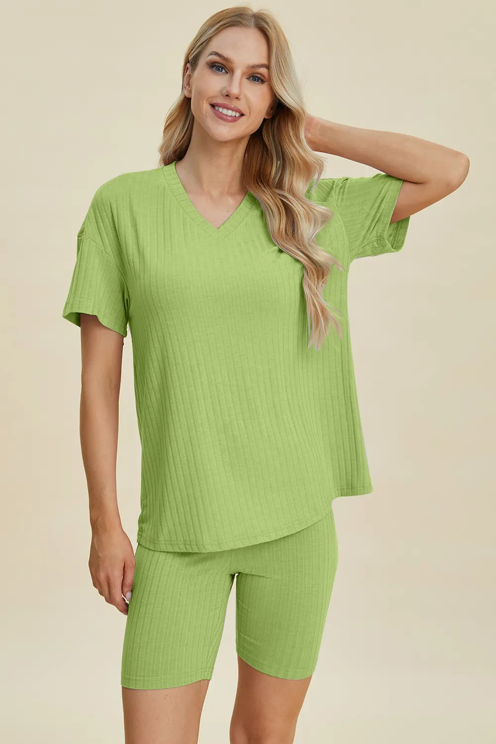 Image of Basic Bae Full Size Ribbed V-Neck Short Sleeve Top and Shorts Set | Queeble.shop