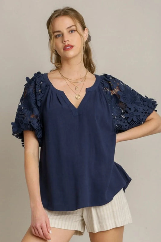 Image of Umgee Full Size French Terry Boxy Cut Top with 3D Floral Sleeve Plus Size | Queeble.shop