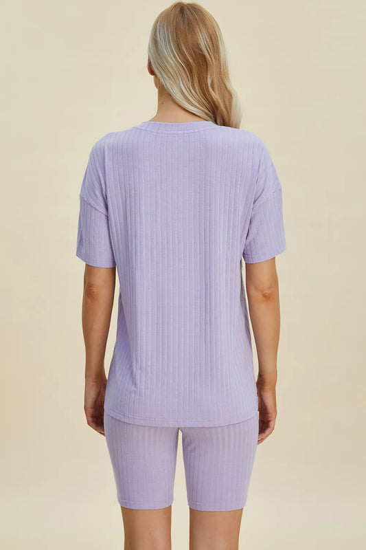 Image of Basic Bae Full Size Ribbed V-Neck Short Sleeve Top and Shorts Set | Queeble.shop