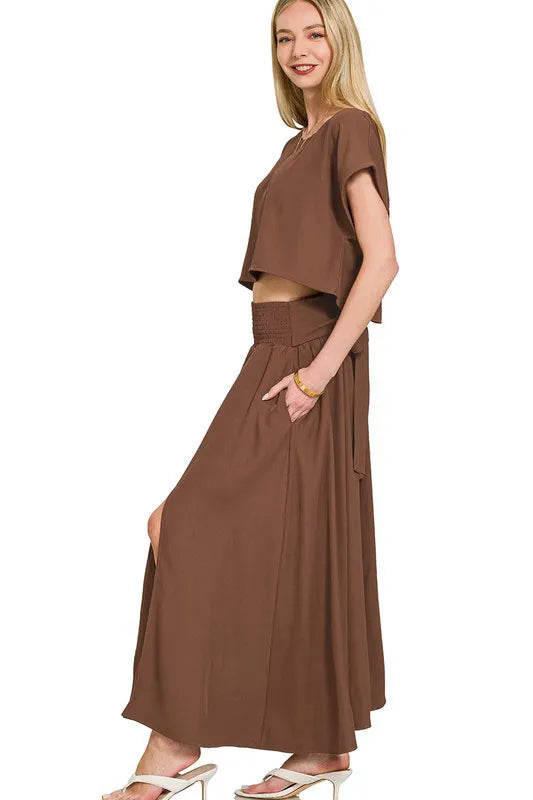 Image of Zenana Heavy Woven Span Crop Tee & Skirt Set | Queeble.shop
