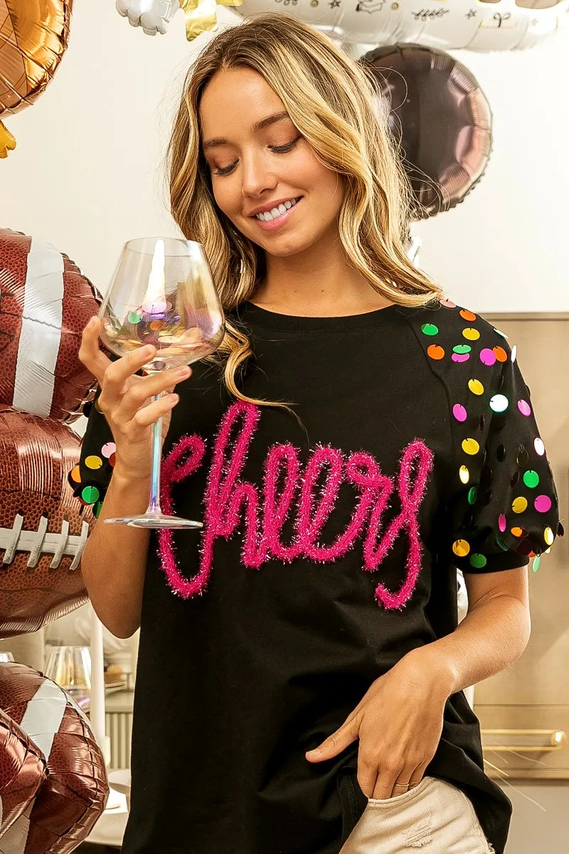 Image of BiBi Metallic Letter Spangle Raglan Puff Sleeve Top | Queeble.shop