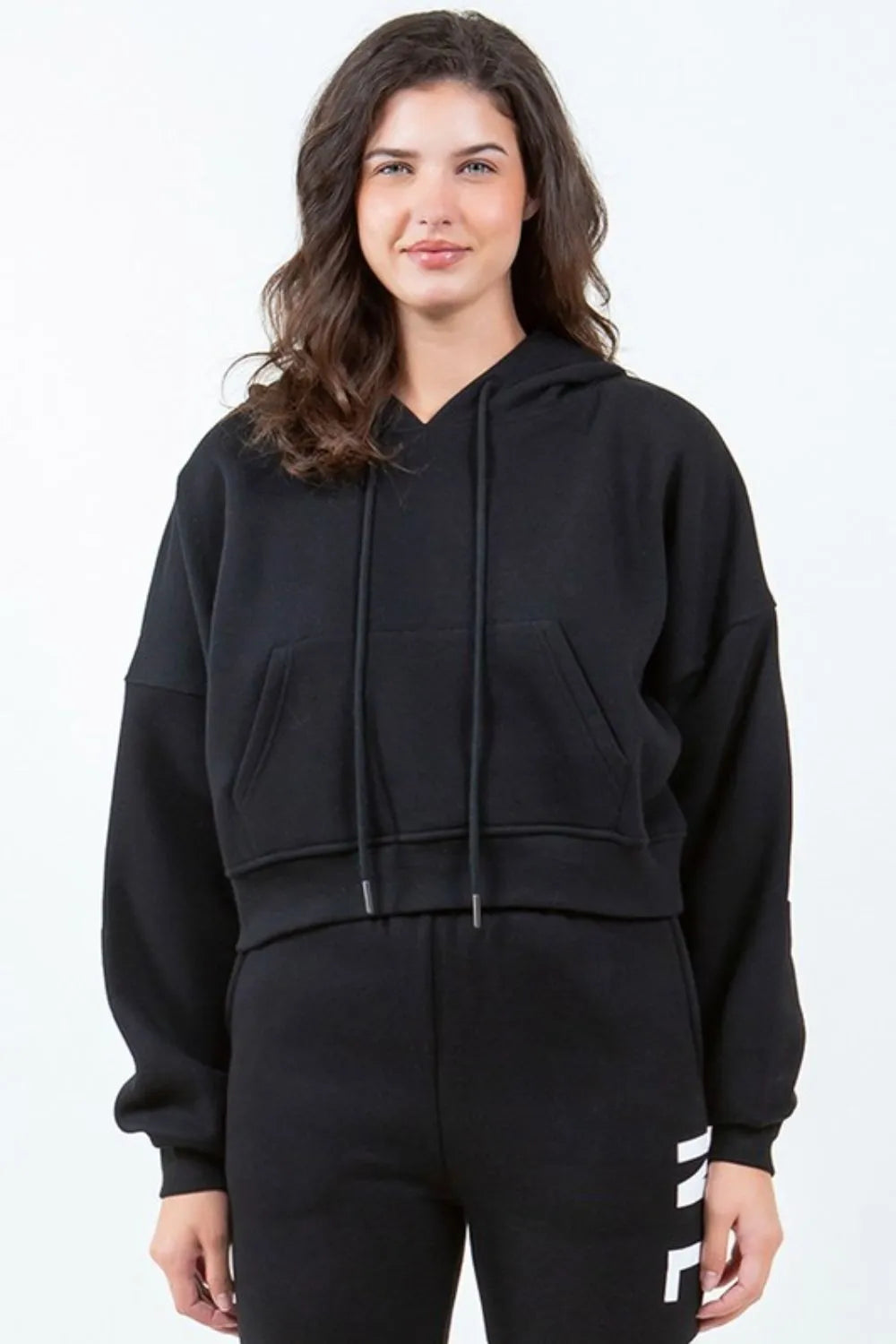 Image of American Bazi Letter Graphic Long Sleeve Drawstring Cropped Hoodie | Queeble.shop