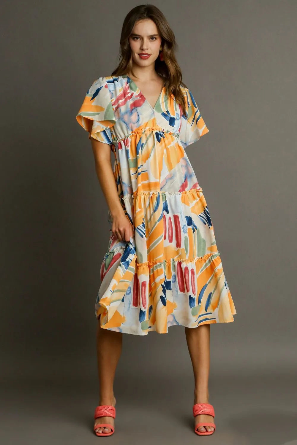 Image of Umgee Full Size Abstract Print Flutter Sleeve Frill Tiered Midi Dress Plus Size | Queeble.shop