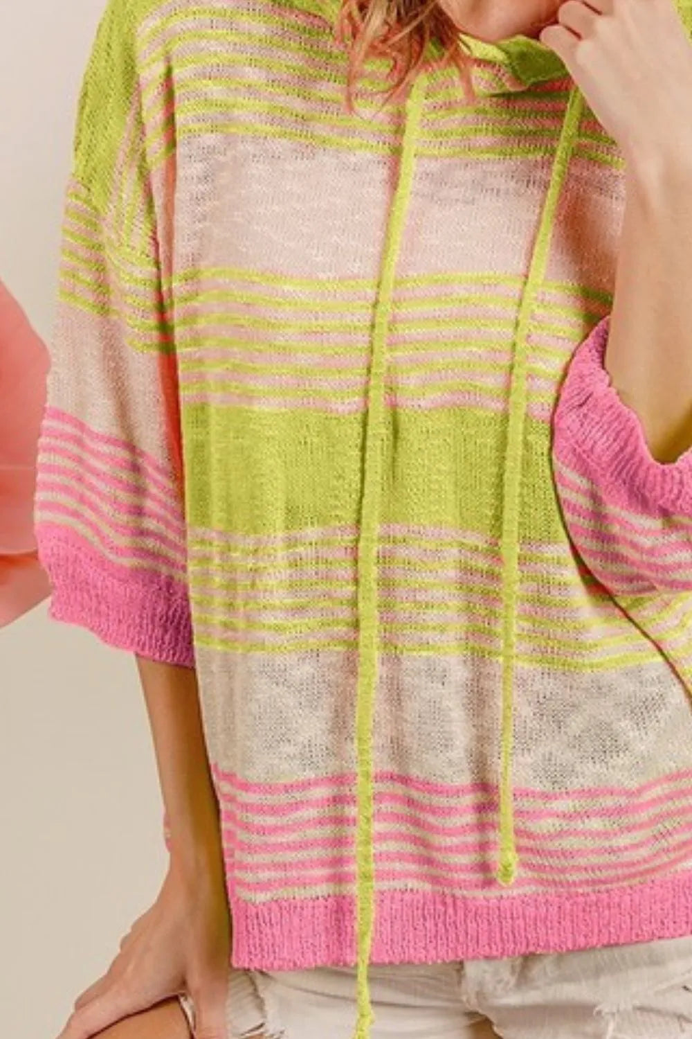 Image of BiBi Short Sleeve Stripe Low Gauge Knit Hoodie | Queeble.shop