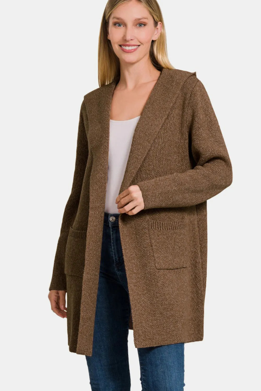 Image of Zenana Hooded Open Front Sweater Cardigan | Queeble.shop