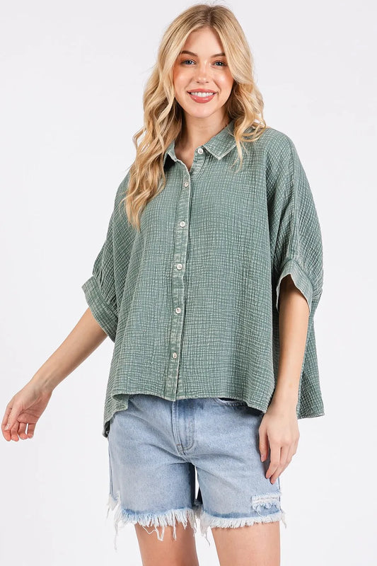 Image of Mittoshop Mineral Wash Gauze Dolman Sleeve Button Down Shirt | Queeble.shop