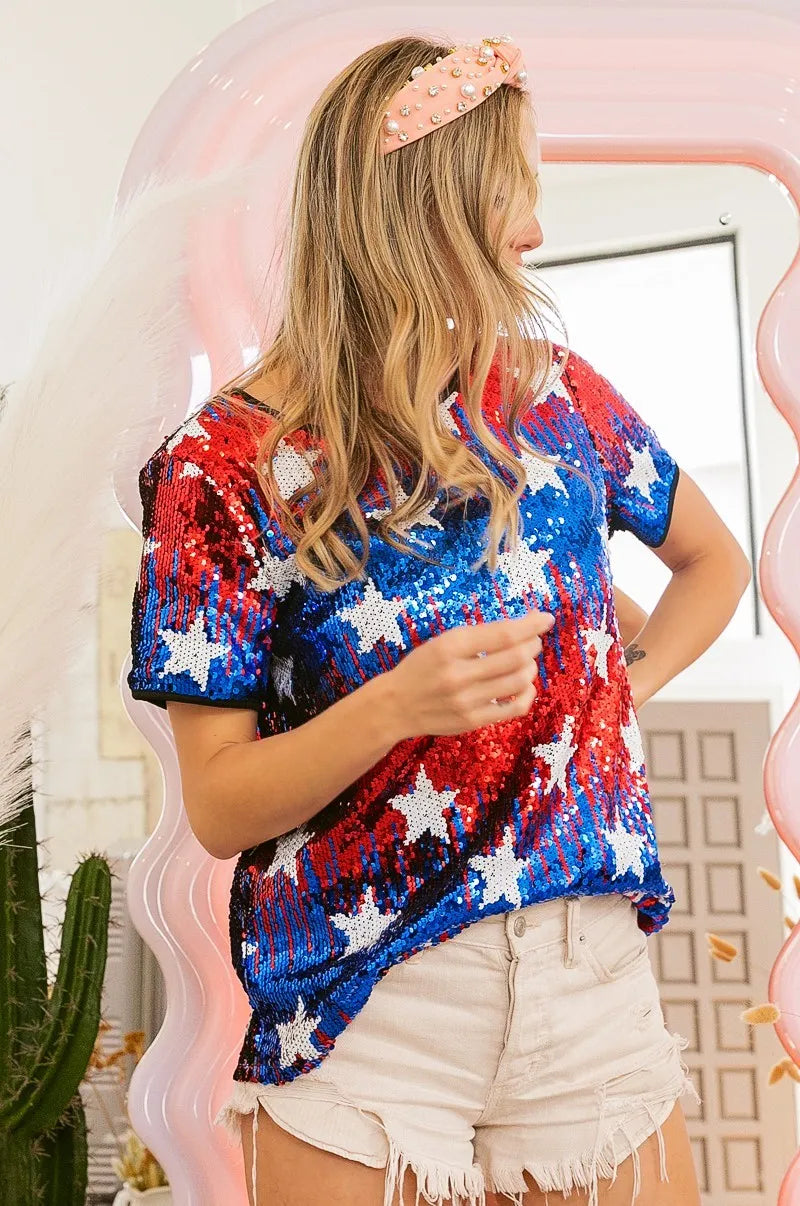 Image of BiBi American Theme Star Pattern Sequin Top | Queeble.shop