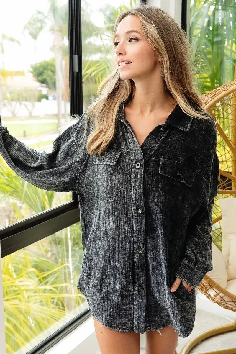 Image of BiBi Vintage Washed Wrinkle Gauze Shacket | Queeble.shop