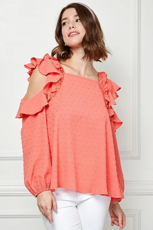 Image of Lime 'N' Chili Ruffle Trim Cold Shoulder Swiss Dot Blouse | Queeble.shop