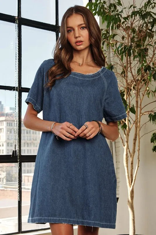 Image of ADORA Raw Hem Mini Denim Dress with Pockets | Queeble.shop