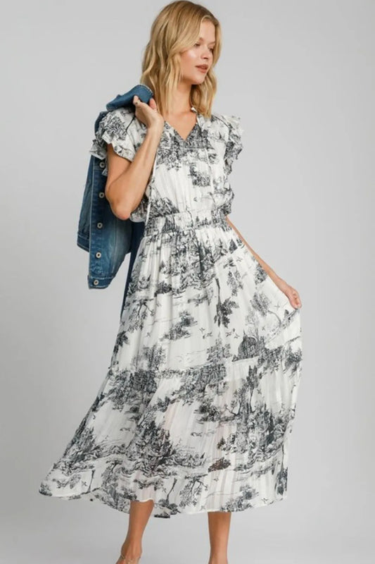 Image of Umgee Full Size Two Tone Landscape Print Midi Dress Plus Size | Queeble.shop