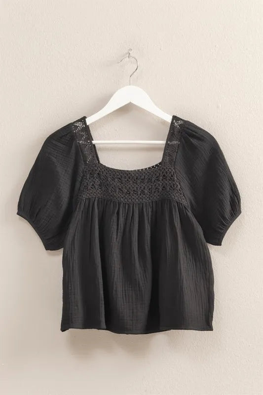 Image of HYFVE Crochet Detail Puff Sleeve Peasant Top | Queeble.shop