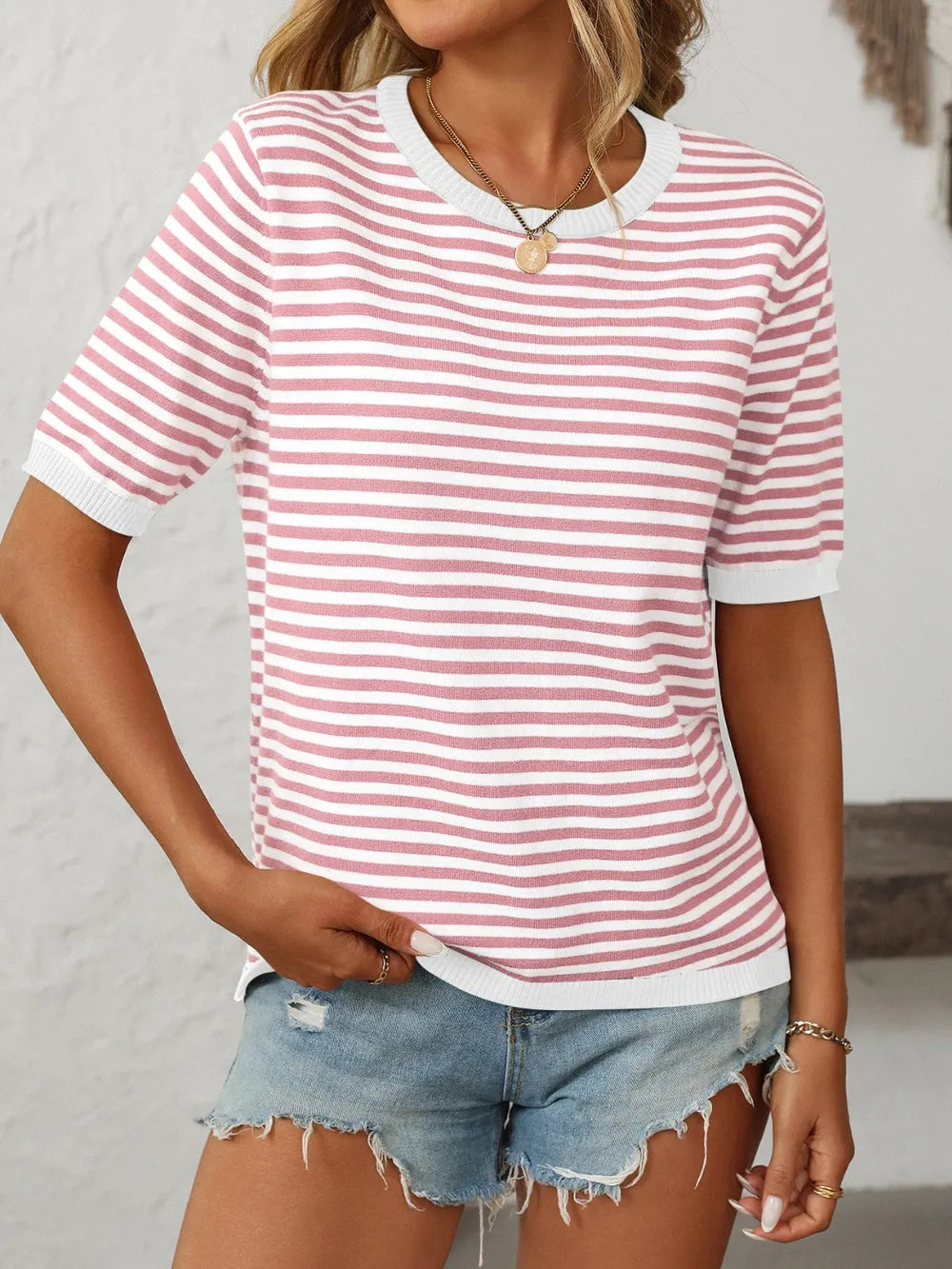 Image of Mandy Striped Round Neck Half Sleeve Knit Top | Queeble.shop