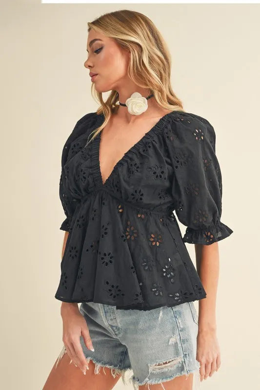 Image of Aemi + Co Eyelet Embroidered V-Neck Half Sleeve Peplum Blouse | Queeble.shop