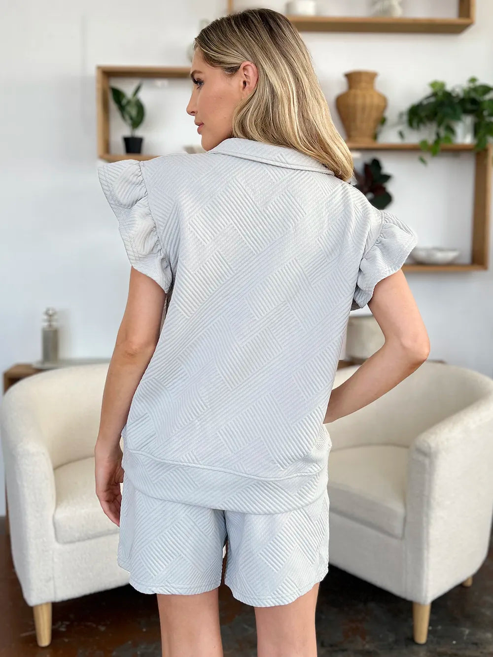 Image of Double Take Full Size Texture Flounce Sleeve Top and Drawstring Shorts Set | Queeble.shop