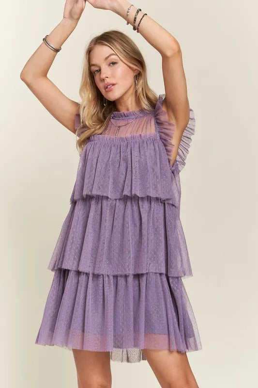Image of ADORA Layered Ruffled Cap Sleeve Mesh Dress | Queeble.shop