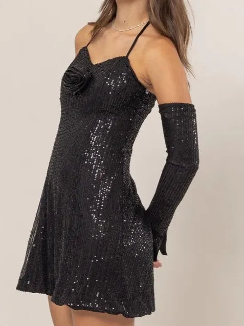 Image of HYFVE Sequin Rosette Halter Mini Dress | Queeble.shop