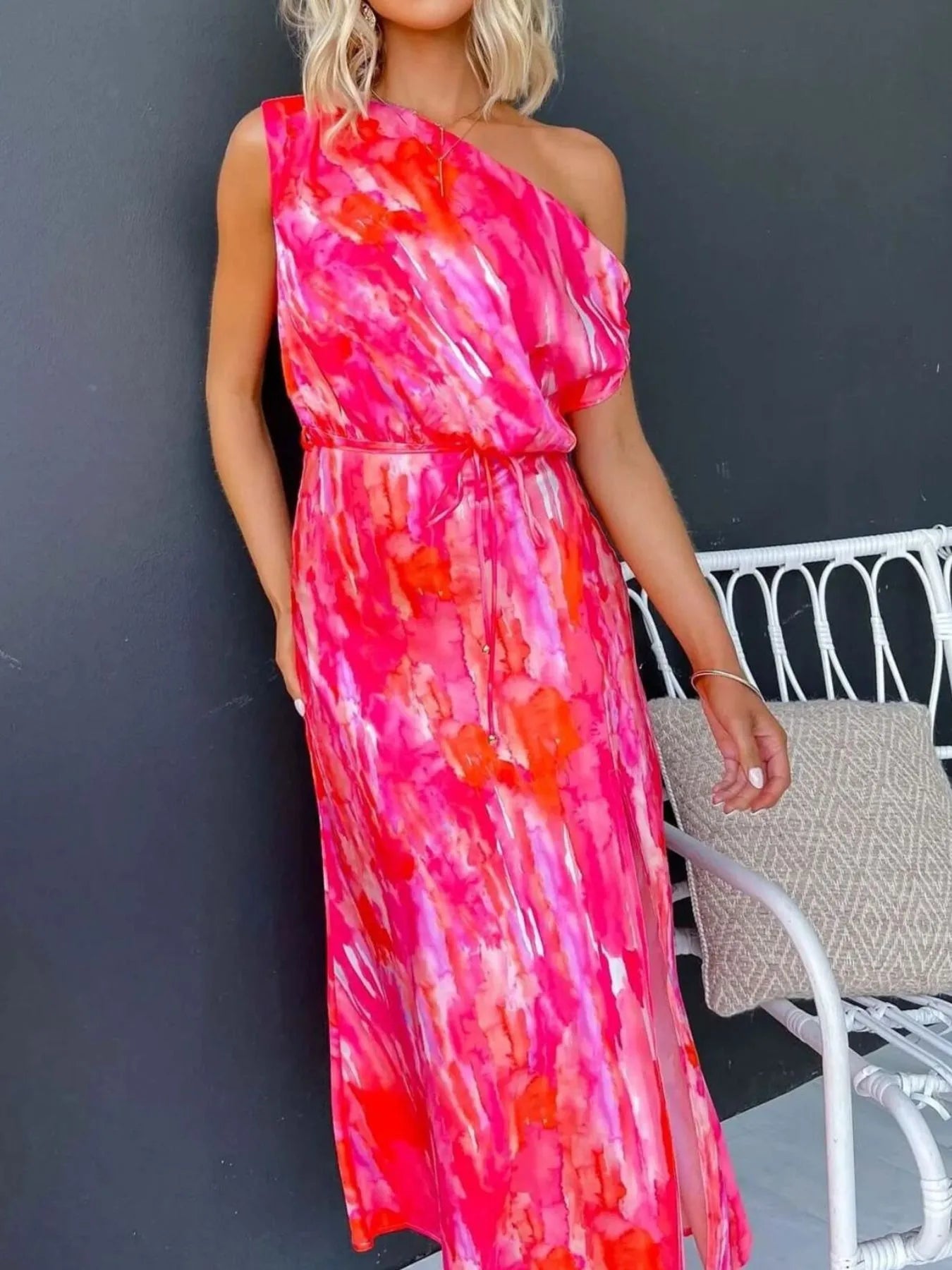 Image of One Shoulder Printed Dress with Slit | Queeble.shop