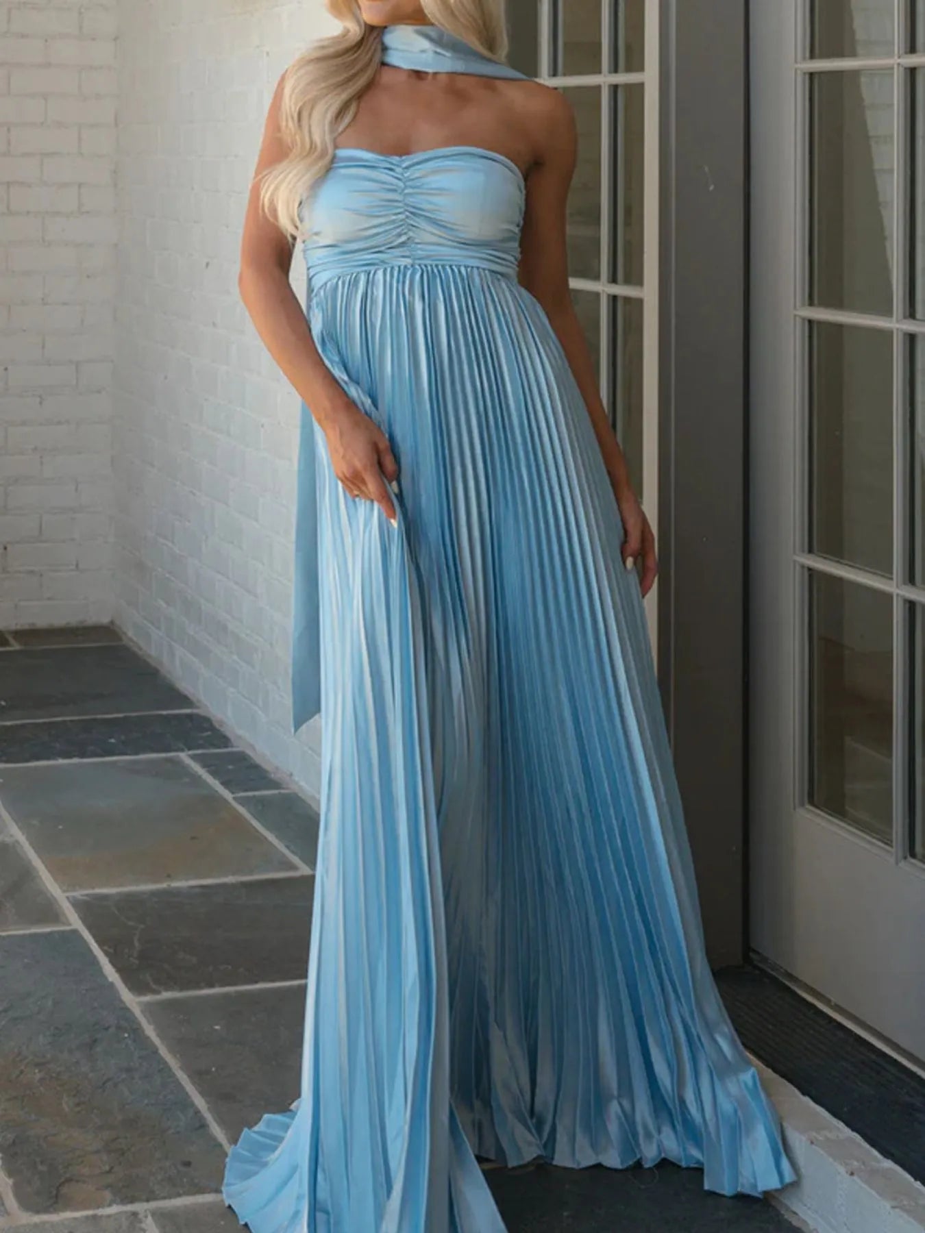 Image of Ruched Pleated Tube Maxi Dress | Queeble.shop