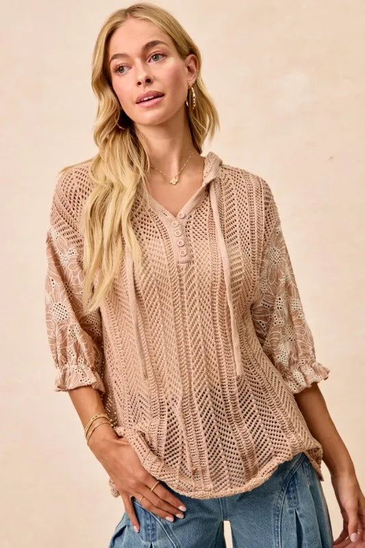 Image of BiBi Jacquard Flower Puff Sleeve Hooded Knit Top | Queeble.shop