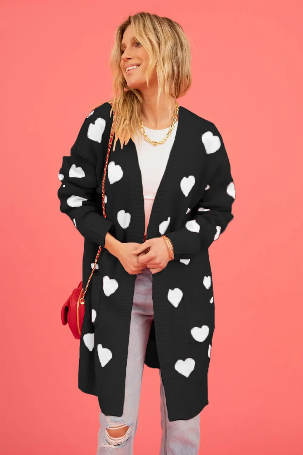 Image of Heart Graphic Open Front Cardigan with Pockets | Queeble.shop