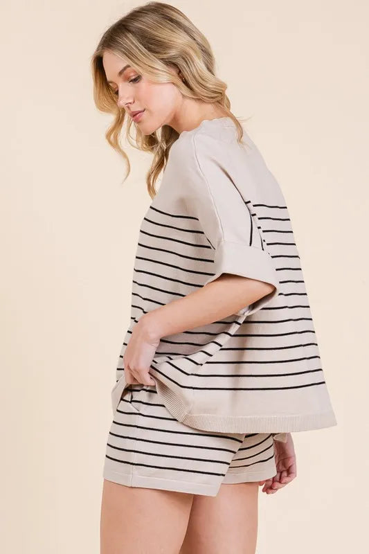 Image of Lime 'N' Chili Striped Folded Half Sleeve Top and Shorts Set | Queeble.shop